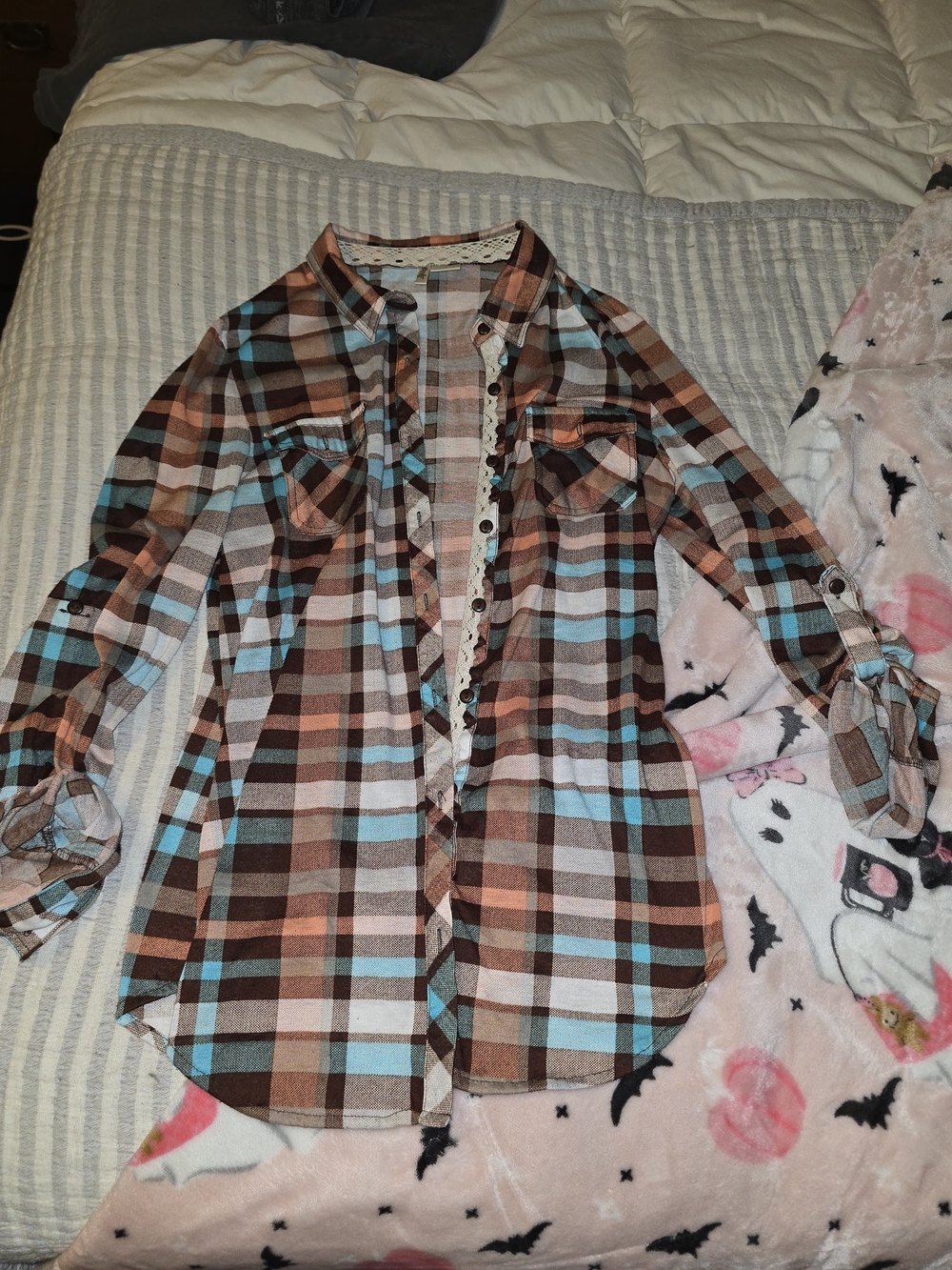 Women's Plaid Button-Front Shirt - Coral, Turqouise & Brown Size M